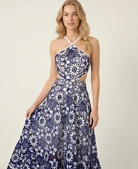 Modenaire Women's Embroidered Floral Halter Midi Dress