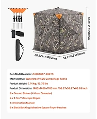 Hongge See Through Hunting Ground Blind 58 x 58 in 360 Degree View for 2 to 3 Hunters with Silent Side Door