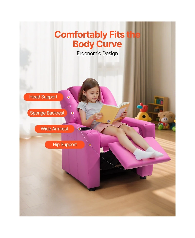 Sugift Kids Reclining Chair with Cup Holder 101degree(s) to 121degree(s) Adjustable Backrest Pu Leather 90 lbs Load