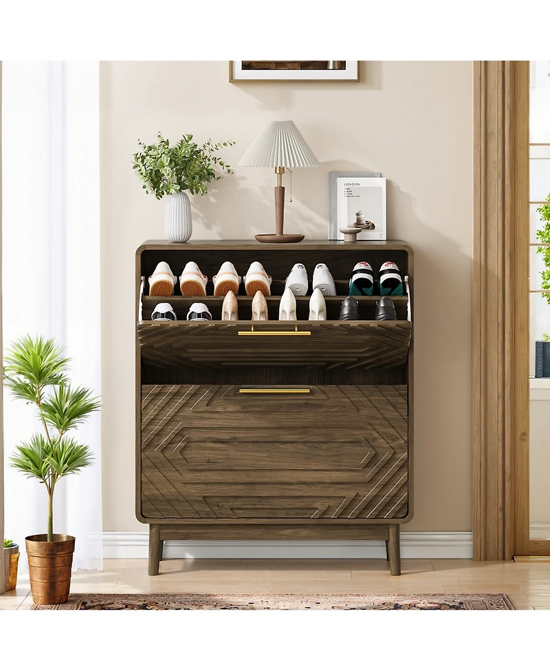 Boyel Living 31.5-Inch Freestanding Shoe Storage Cabinet with 2 Flip-Top Drawers, Modern Entryway Organizer with Solid Wood Legs and Anti-Tip Device