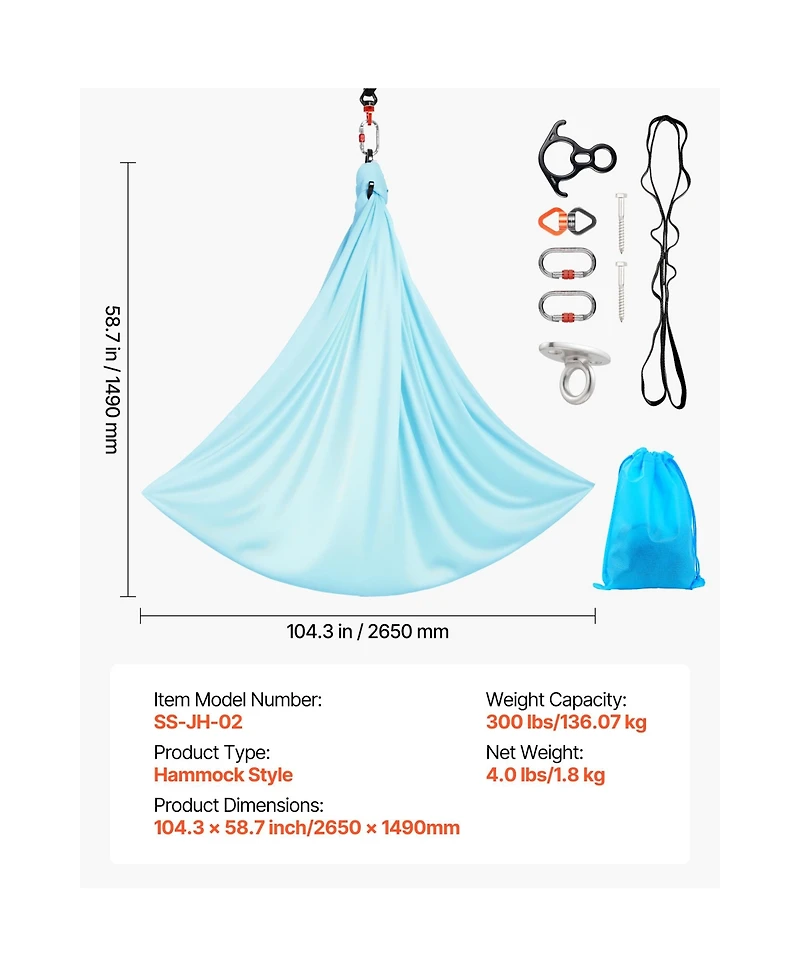 Sugift Aerial Yoga Hammock Swing With Nylon Fabric Daisy Rope Pe Zipper Bag 300 lbs Load Dual-Function