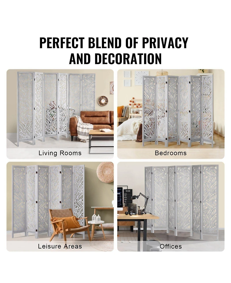 Slickblue Portable 6 Panel Wooden Room Divider, Carved Folding Privacy Screen for Bedroom Office Home