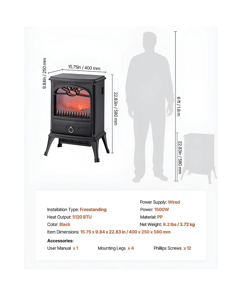 Slickblue 1500W Freestanding Electric Fireplace Heater with Realistic Flame Effect