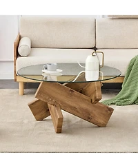 Flynama Modern Round Glass Coffee Table 33 Inch Tempered Top Wood Leg Living Room Table