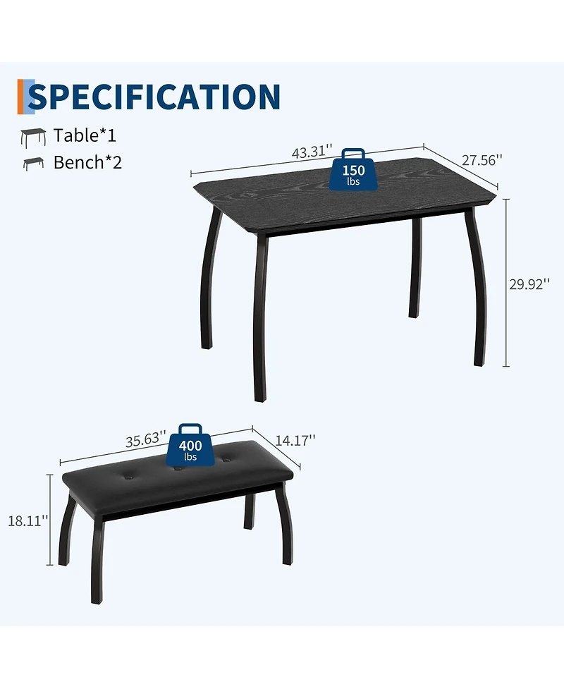 homfan 3-Piece Dining Set for 4, Cut-Angle Tabletop Metal Frame, 2 Soft Pu Padded Benches, Industrial Kitchen Dinette