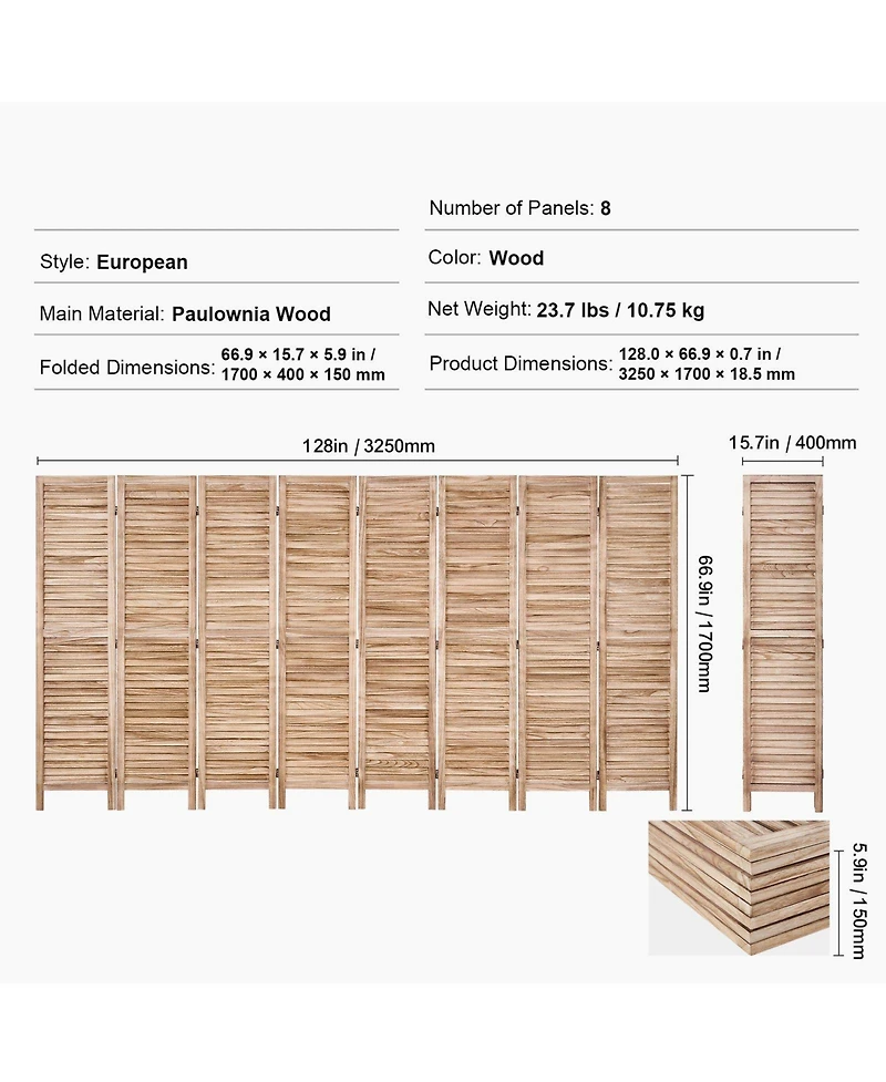 Slickblue 8 Panel Folding Wood Privacy Screen, Tall Louvered Room Divider for Bedroom Living Office