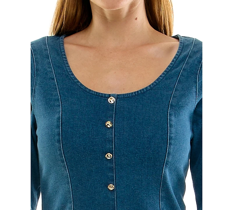 Rare Juniors' Denim Long-Sleeve Faux-Fur Trim Mini Dress