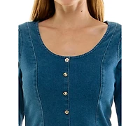 Rare Juniors' Denim Long-Sleeve Faux-Fur Trim Mini Dress
