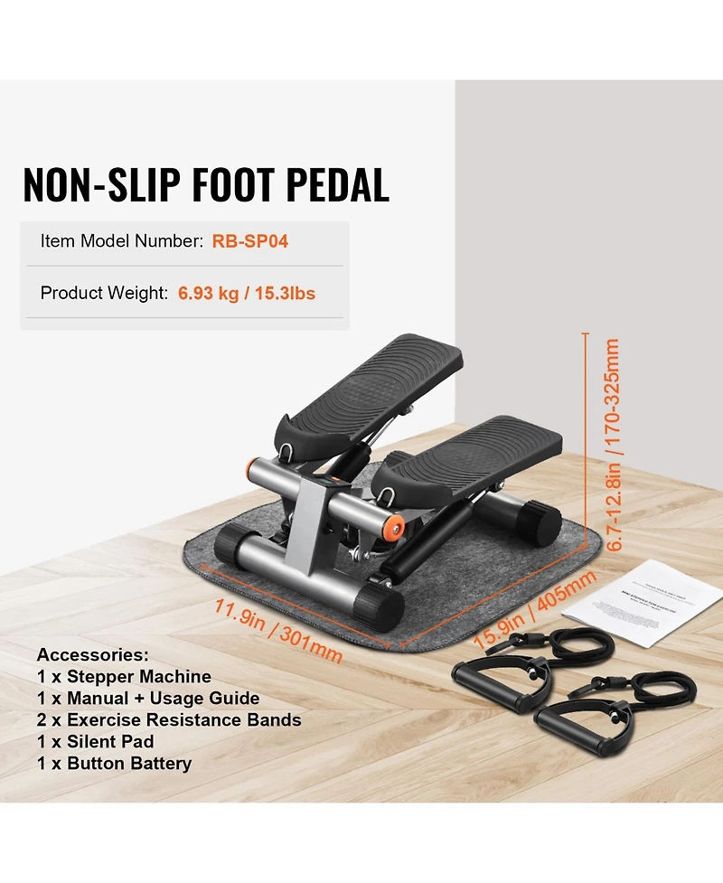 Sugift Mini Hydraulic Fitness Stepper with Resistance Bands Lcd Monitor 330LBS Load Capacity