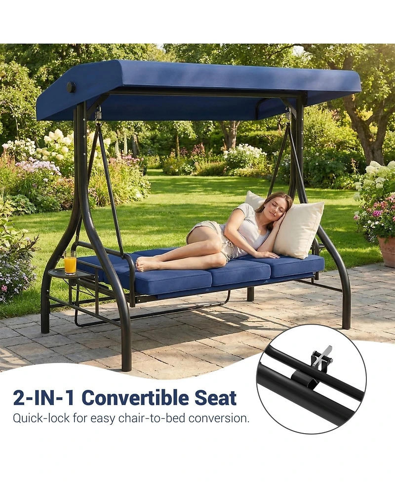 gaomon 3 Seat Outdoor Porch Swing Chair with Adjustable Canopy Convertible Swing Bed with Soft Cushions and Cup Holders
