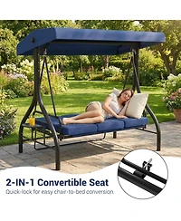 gaomon 3 Seat Outdoor Porch Swing Chair with Adjustable Canopy Convertible Swing Bed with Soft Cushions and Cup Holders