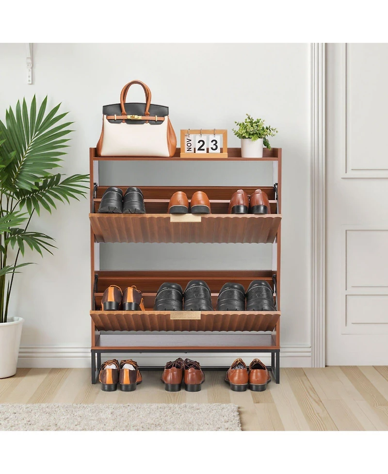 Slickblue Fluted Shoe Storage Cabinet with 2 Flip Drawers, Freestanding Organizer for Hallway Bedroom