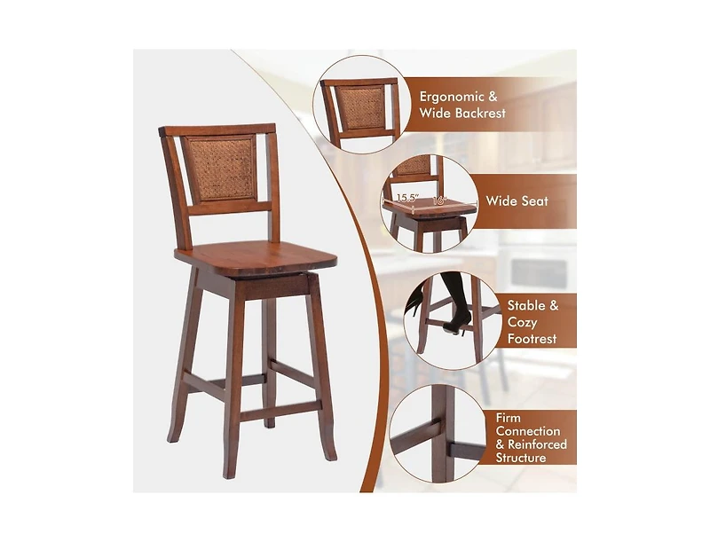 Clihome 2 Pieces 24.5 Inch Bar Stools with Rattan Back and Swivel Seat
