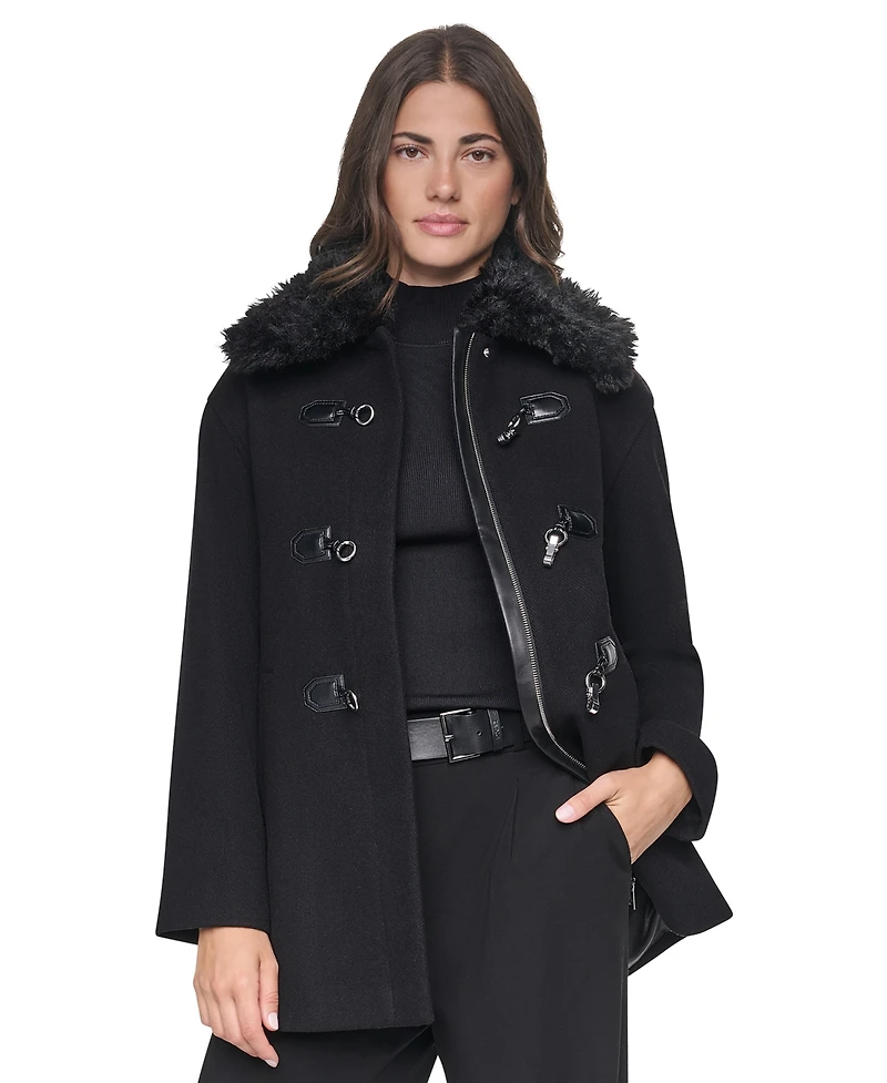 Dkny Women's Faux-Fur Collared Wool-Blend Mid-Length Coat