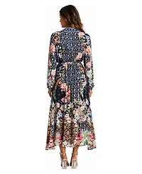 La Moda Clothing Women's Floral-Patchwork Long-Sleeve Wrap Maxi Dress