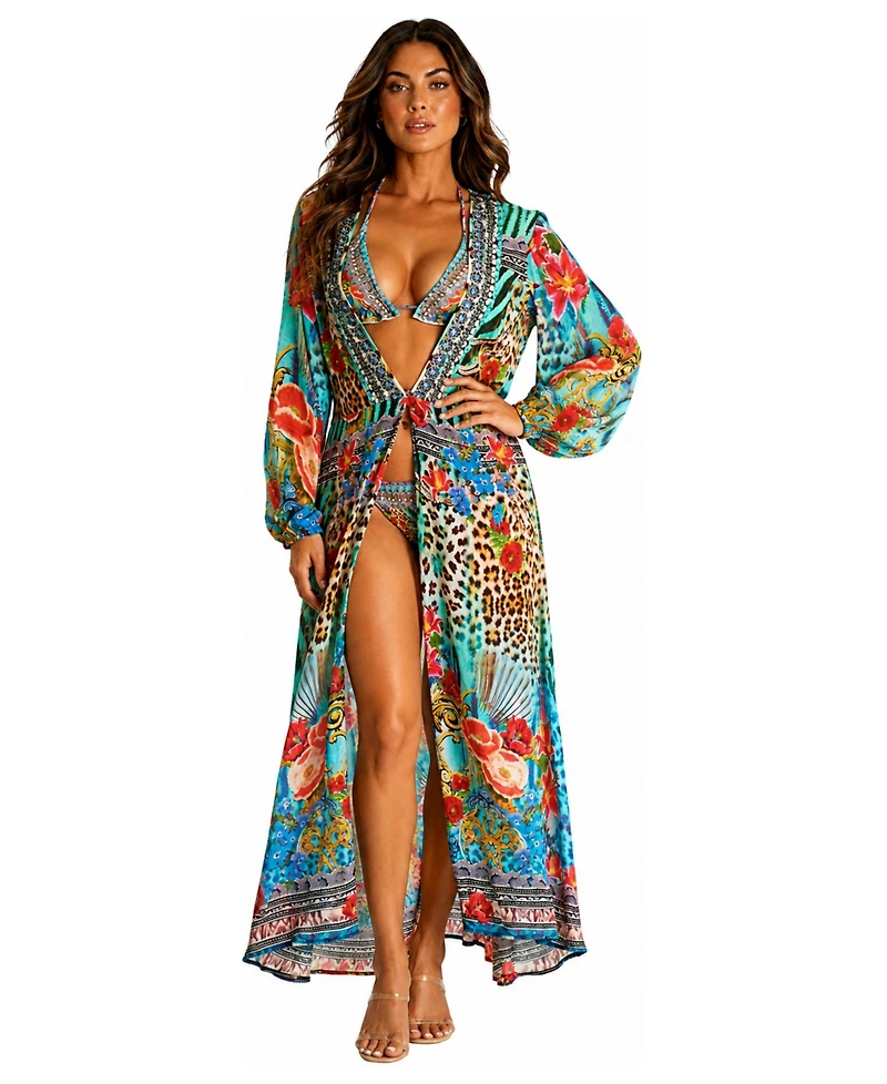 La Moda Clothing Women's Leopard-and-Floral-Print Long-Sleeve V-Neck Wrap Maxi Dress