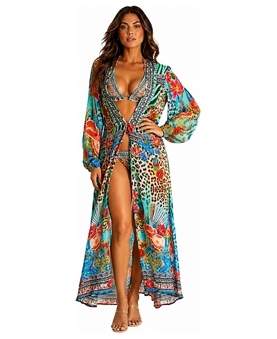 La Moda Clothing Women's Leopard-and-Floral-Print Long-Sleeve V-Neck Wrap Maxi Dress