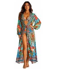 La Moda Clothing Women's Leopard-and-Floral-Print Long-Sleeve V-Neck Wrap Maxi Dress