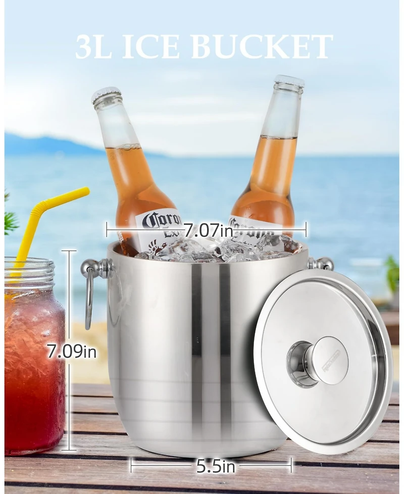 Piscifun 3L Double Wall Stainless Steel Insulated Ice Bucket With Lid Scoop Tongs Strainer For Parties Bars