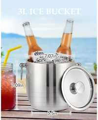 Piscifun 3L Double Wall Stainless Steel Insulated Ice Bucket With Lid Scoop Tongs Strainer For Parties Bars