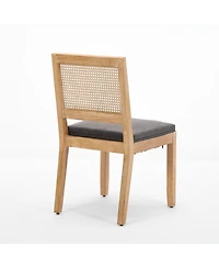 Flynama Set of 2 Hardwood Linen Upholstered Cane Rattan Dining Side Chairs