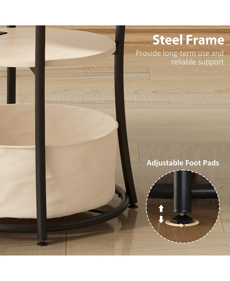 Flynama Round Side Table with Charging Station 3 Tier Storage Fabric Bag