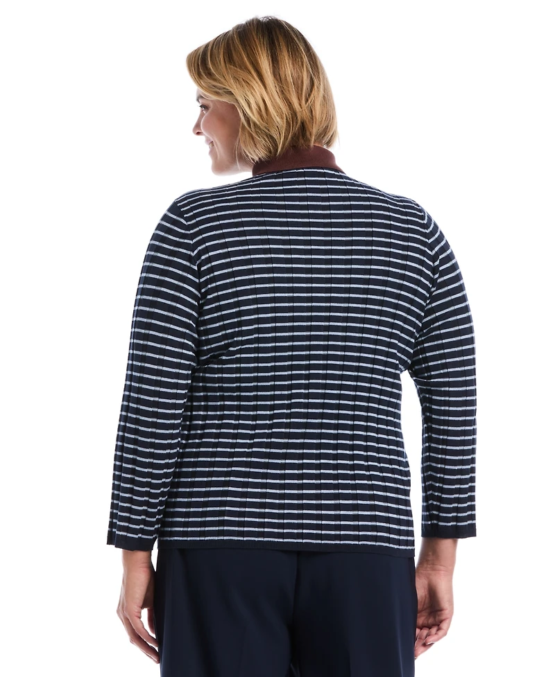 Rafaella Plus Striped Polo 3/4 Sleeve Sweater