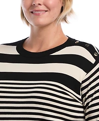Rafaella Plus Striped Crewneck Ribbed Trim Pullover Sweater