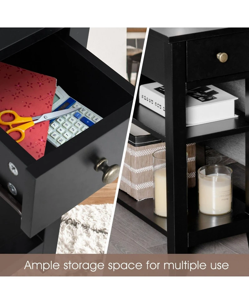 Gouun 3-Tier End Table Nightstand with Drawer and Double Open Shelves