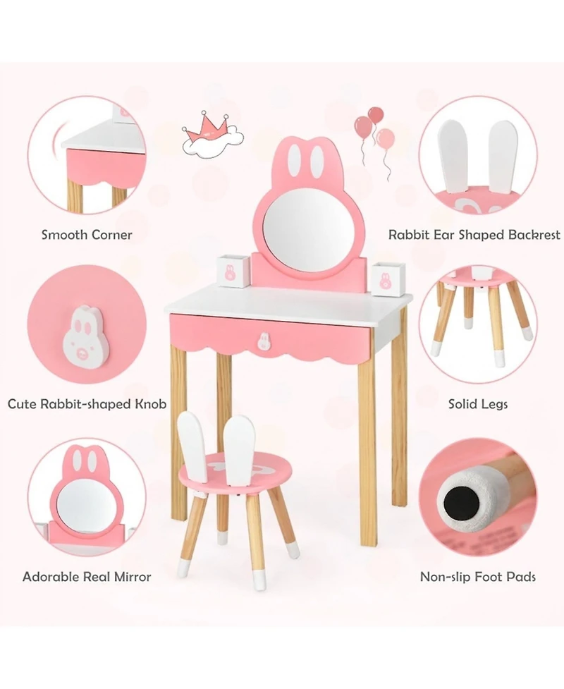 Gouun Kids Rabbit Vanity Table Chair Set with Detachable Mirror and Drawer