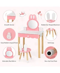 Gouun Kids Rabbit Vanity Table Chair Set with Detachable Mirror and Drawer