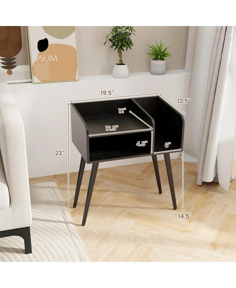 Gouun Mid Century Modern Nightstand with Two-Tier Open Shelves and Side Shelf