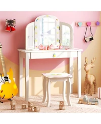 Gouun Kids Vanity Table Set with Tri-Folding Mirror and Pull-Out Drawer