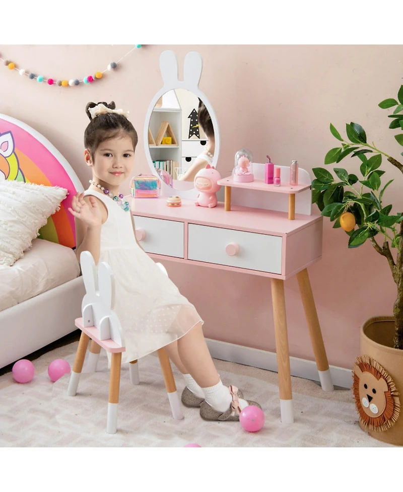 Gouun Kids Vanity Table and Chair Set with Drawer Shelf and Detachable Rabbit Mirror