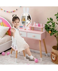 Gouun Kids Vanity Table and Chair Set with Drawer Shelf and Detachable Rabbit Mirror