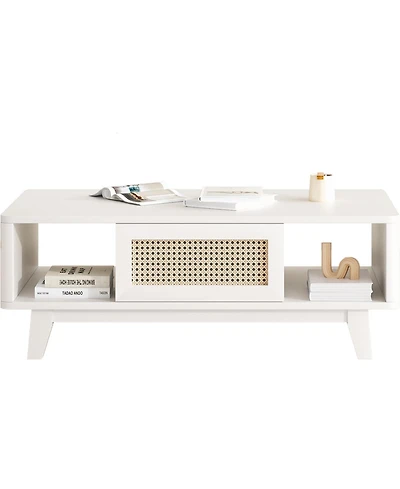 Flynama Mid-Century Square Coffee Table with Rattan Drawer and Solid Wood Legs