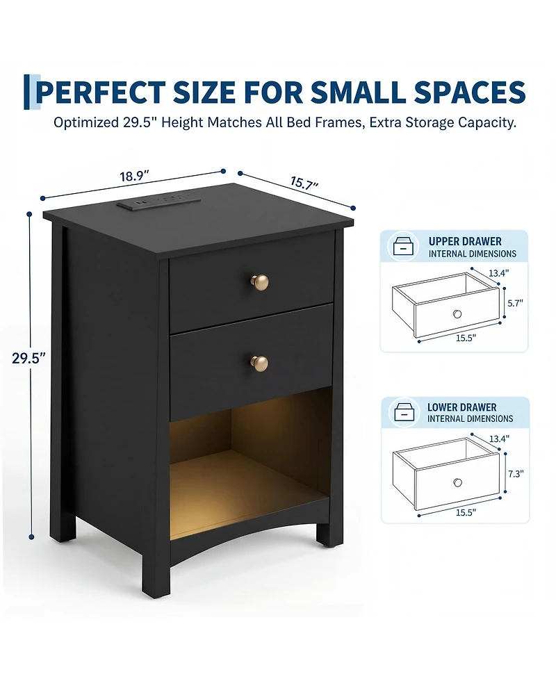 homfan 2 Set of Nightstand with Power Outlets | Open Storage and Led Light Strip, Modern Mid Century Bed Table Drawers,