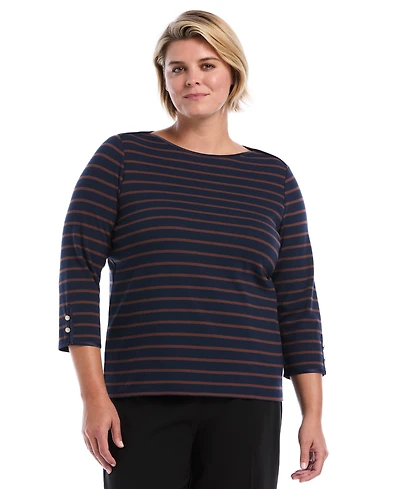 Rafaella Plus Striped Boat Neck 3/4-Sleeve T-Shirt