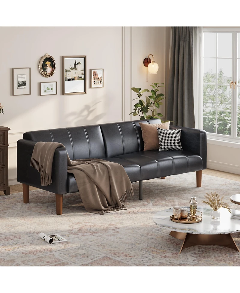 homfan 3-Mode Convertible Faux Leather Loveseat, Adjustable Backrest Futon Sofa Bed with Side Pockets, Mid-Century Furniture for Small Indoor Spaces