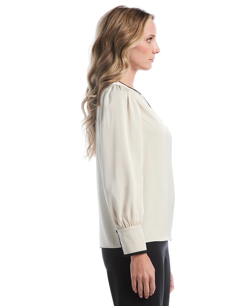 Rafaella Petite Long-Sleeve Split-Neck Satin Blouse