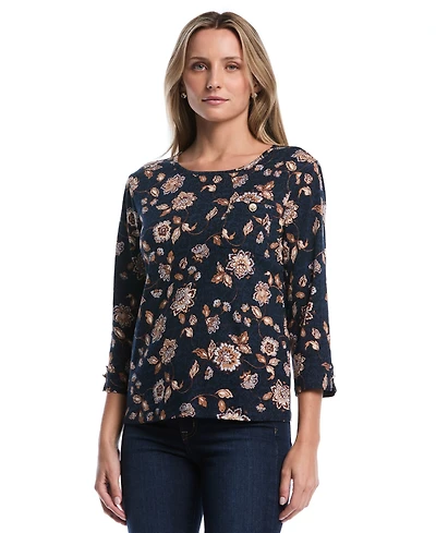 Rafaella Women's Petite Floral 3/4-Sleeve Rib-Knit T-Shirt