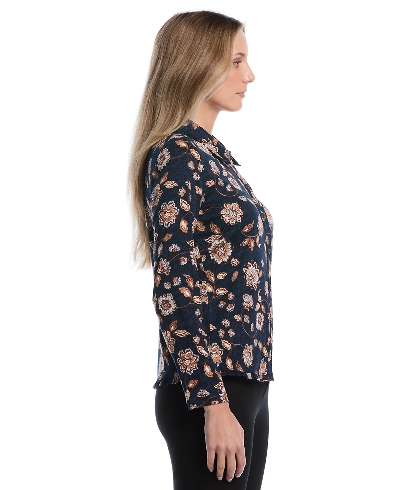 Rafaella Petite Floral Ruffle-Trim Long-Sleeve Blouse