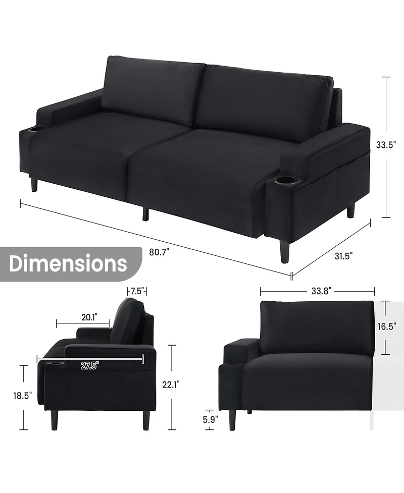 homfan 80.7'' Modern Fabric Recliner Sofa with Storage Bag and Cup Holders, Loveseat for Small Space, Dorm, Office, Bedroom, Apartment