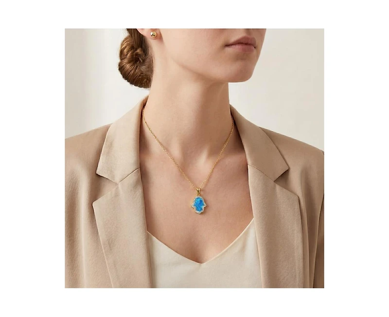 Rachel Glauber 14K Gold Plated Sparkling Hamsa Opal and Cz Halo Necklace