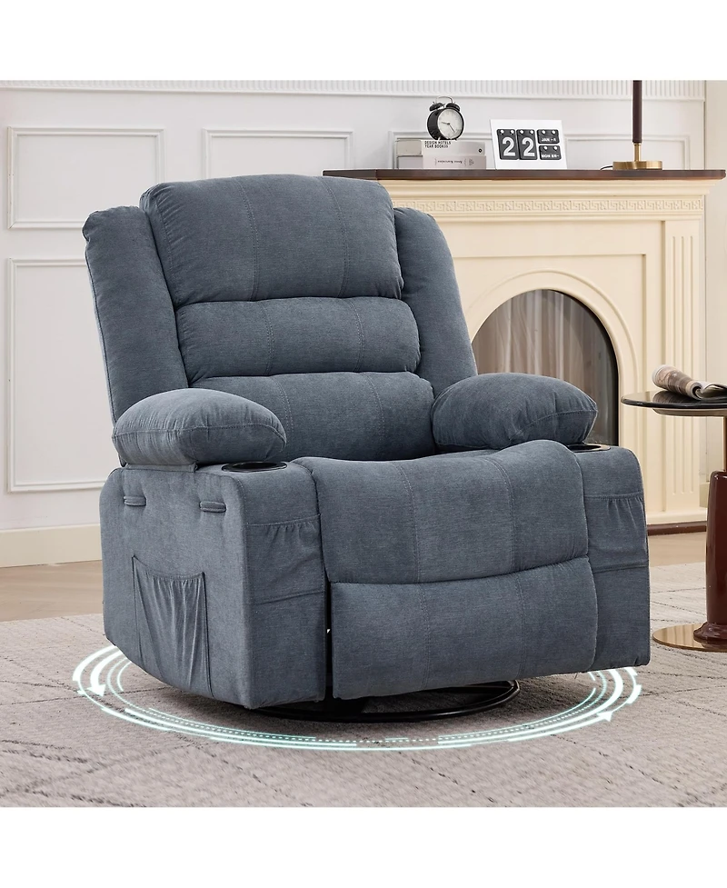 homfan Rocking Recliner for Adults Oversized 360degree(s) Swivel Manual Chair | Breathable Linen with Cup Holder Side Pockets