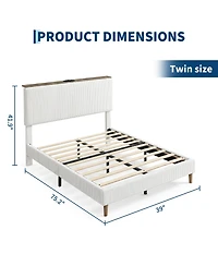 homfan Bed Frame Headboard, Upholstered Platform Bed Frame, Corduroy Storage Headboard, Charging Station, Led Lights, Noise Free
