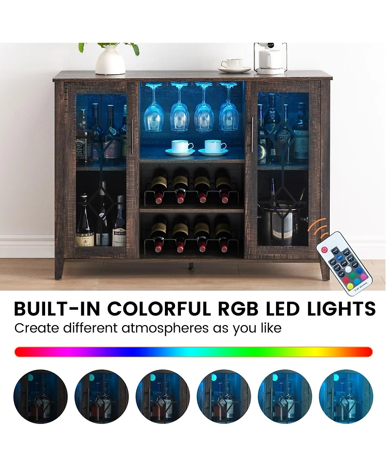 homfan Farmhouse Wine Bar Cabinet with Led Light, Wood Storage Cabinet with Glass Doors, Adjustable Shelves, Wine and Coffee Station for Home Bar