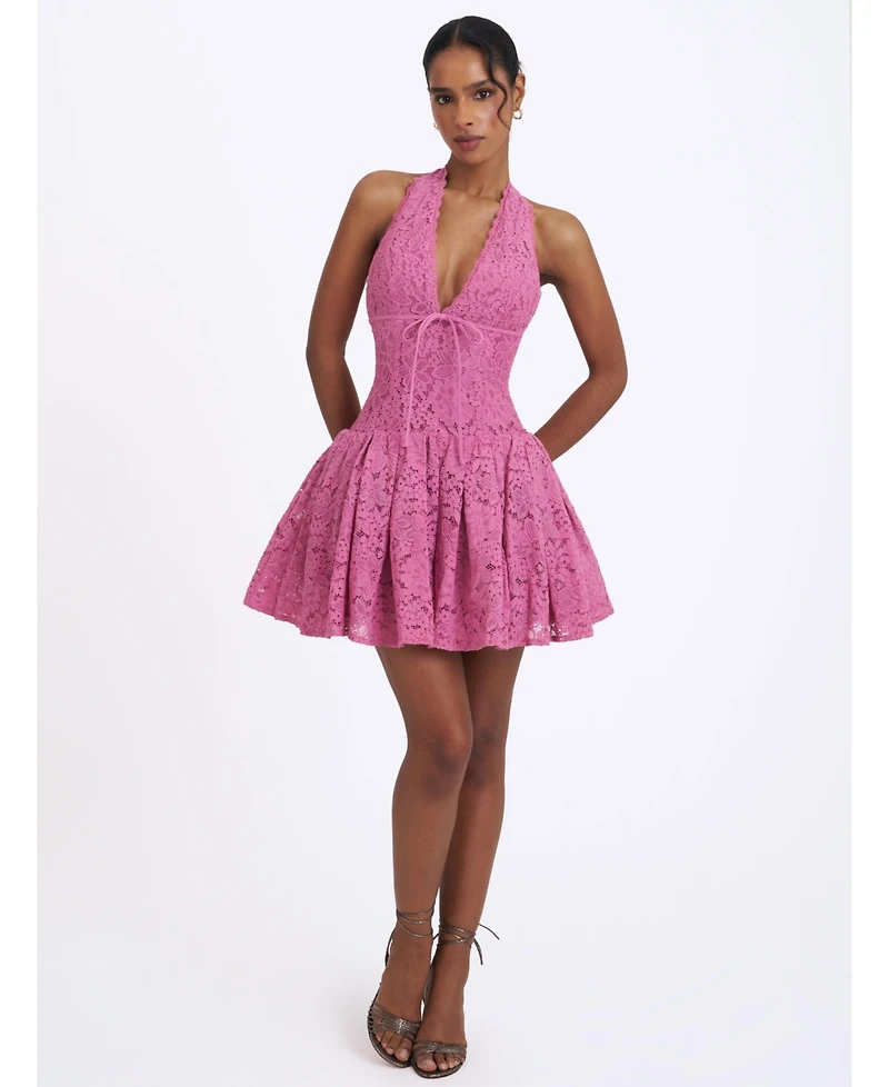 Miss Circle Women's Karla Magenta Lace Drop Waist Halter Mini Dress