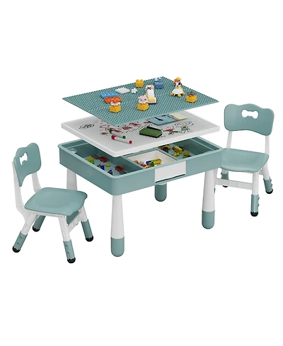 homfan 4-in-1 Activity Table and Chair Set, Double-Sided Tabletop Building Block Base Drawing Board, 2 Adjustable Chairs, Multi-Purpose Desk