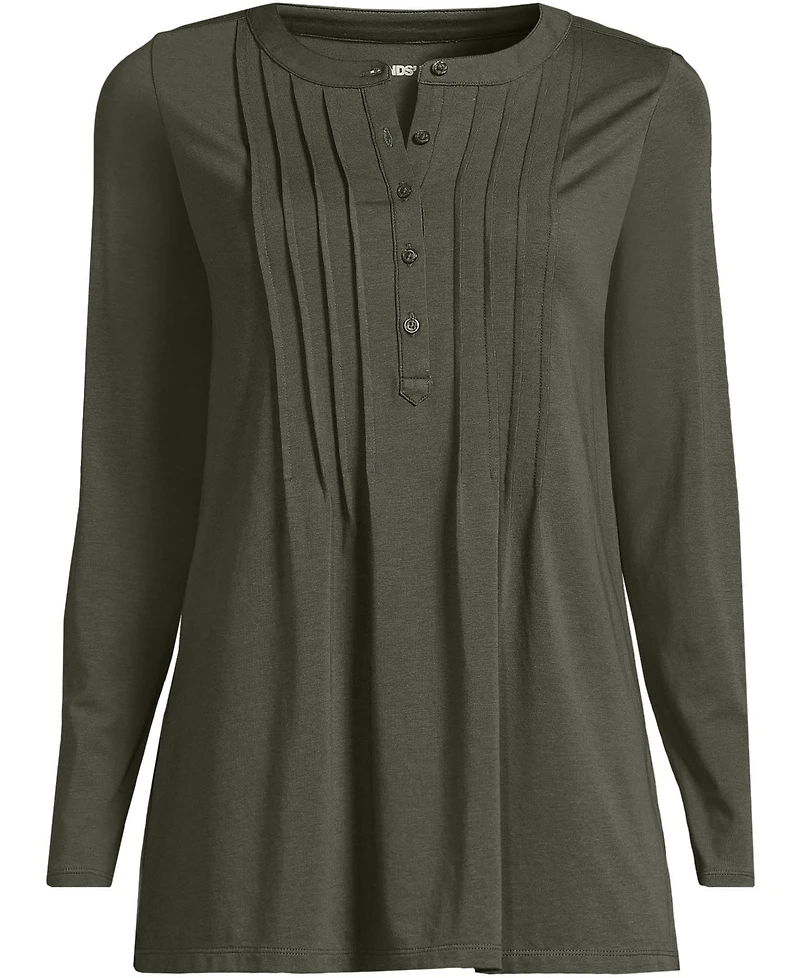Lands' End Women's Long Sleeve Lightweight Jersey Pintuck Button Tunic Blouse
